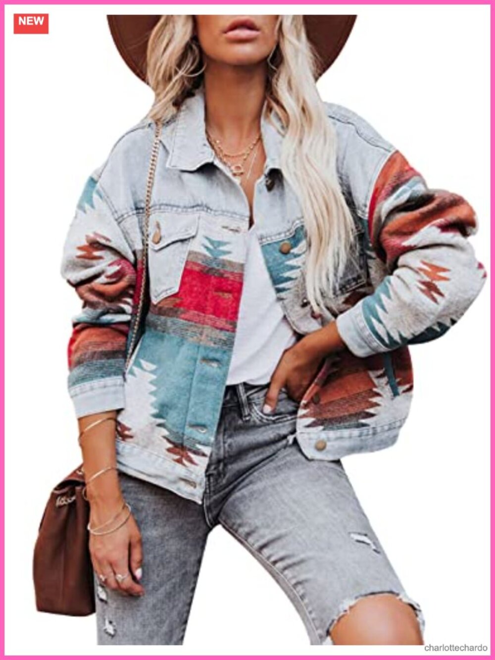 Women's Aztec Print Denim Jacket Shacket Button Down Distressed